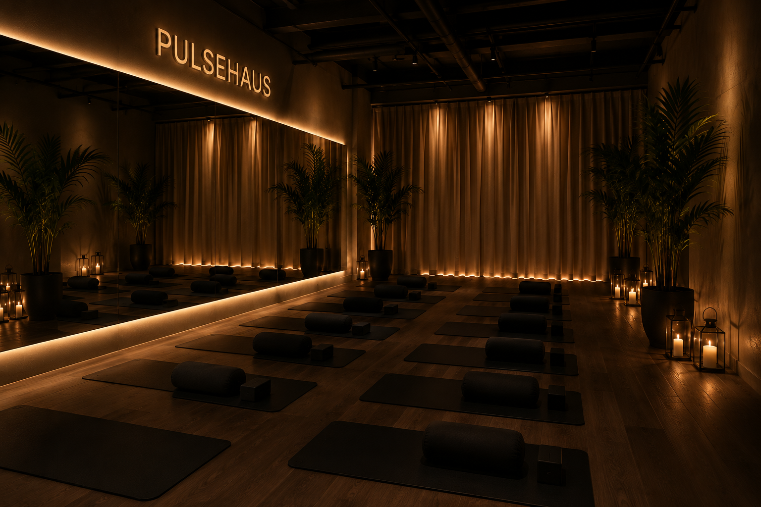 Yoga studio with mats, bolsters, and candles, illuminated by warm, ambient lighting, and large potted plants.