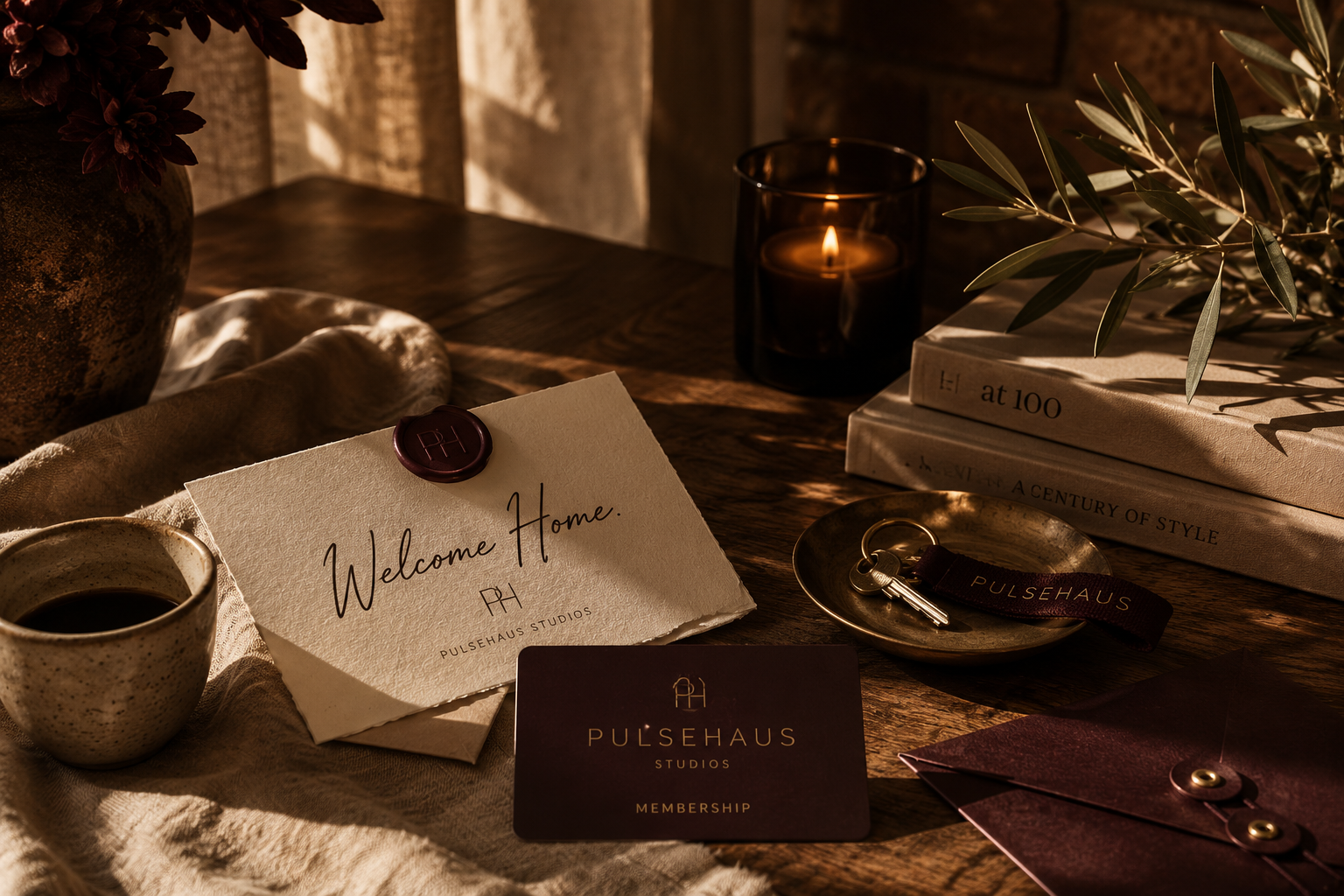 A cozy wooden table with a lit candle, a cup of coffee, a welcome note card, a Pilates studio membership card, keys on a tray, books, a green plant, and a jar, all bathed in warm, dim lighting.