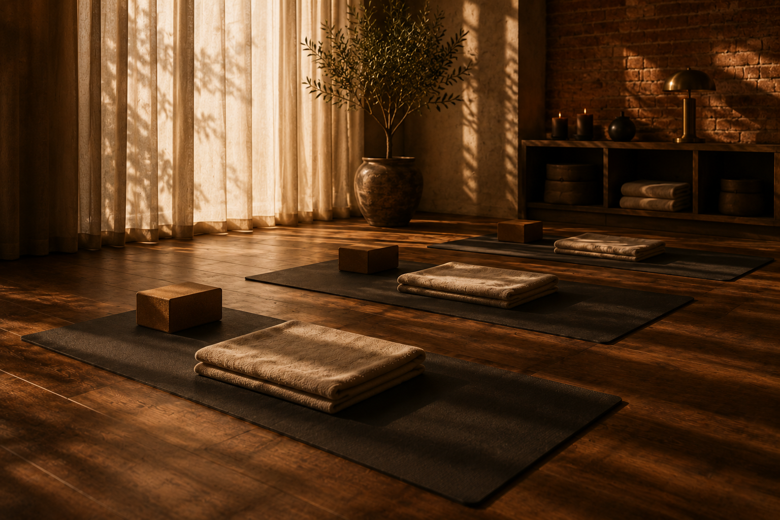 A serene indoor yoga and Pilates studio with three black mats, each with a folded blanket and a brick, set on a wooden floor near large window curtains, a potted plant, and a shelf with candles and decor.