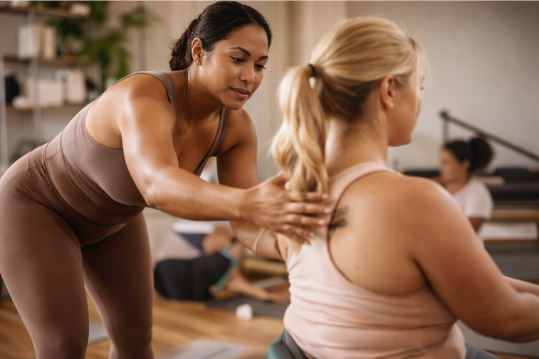 Latina/diverse woman providing Pilates correction to another woman seated on a yoga and Pilates mat in a studio