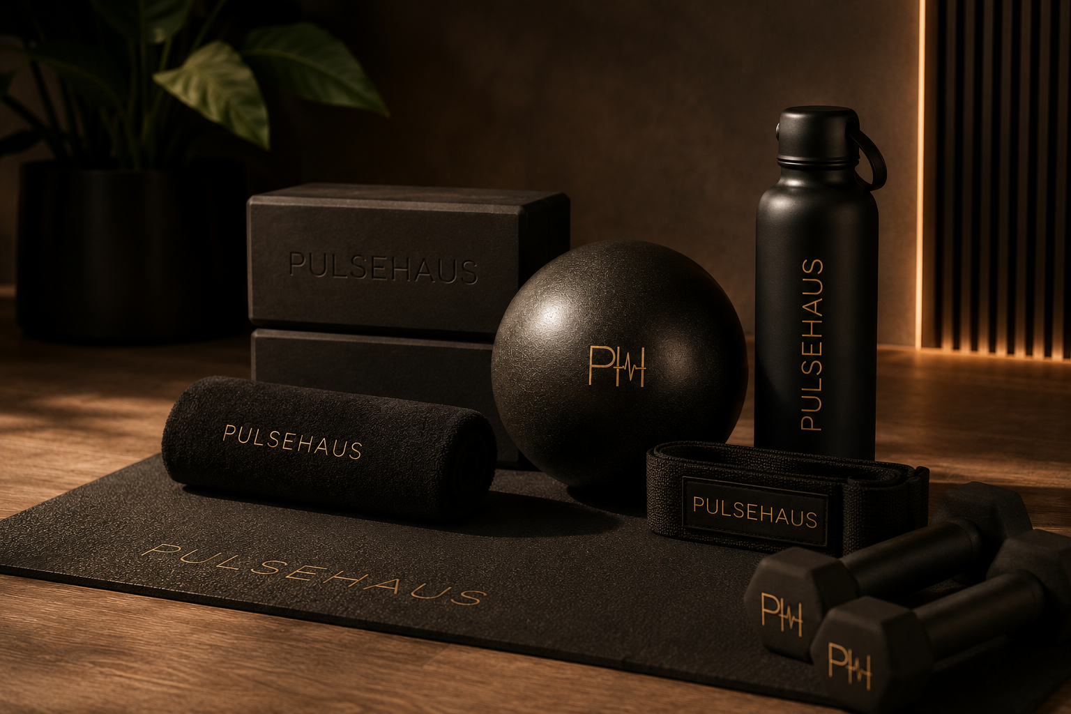 Black workout accessories including a yoga mat, water bottle, kettlebell, dumbbells, foam roller, and boxes, all branded with PULSEHAUS, arranged on a wooden floor with a plant in the background.