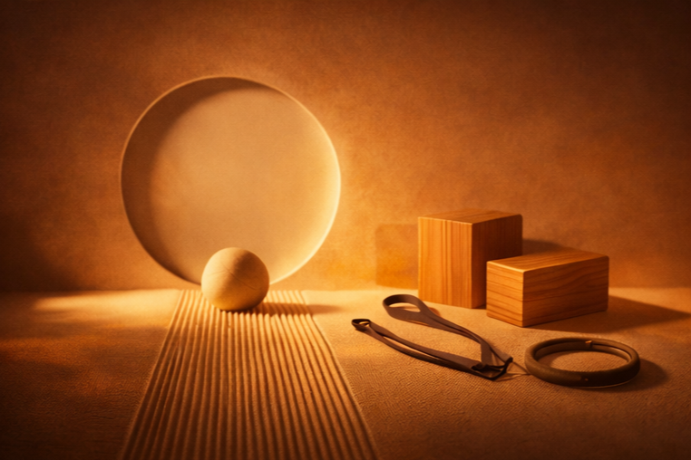 Pilates workout equipment on a wooden floor in an aesthetic Pilates studio with sunlight, including wooden blocks, resistance bands,and pilates ring/Magic circle.