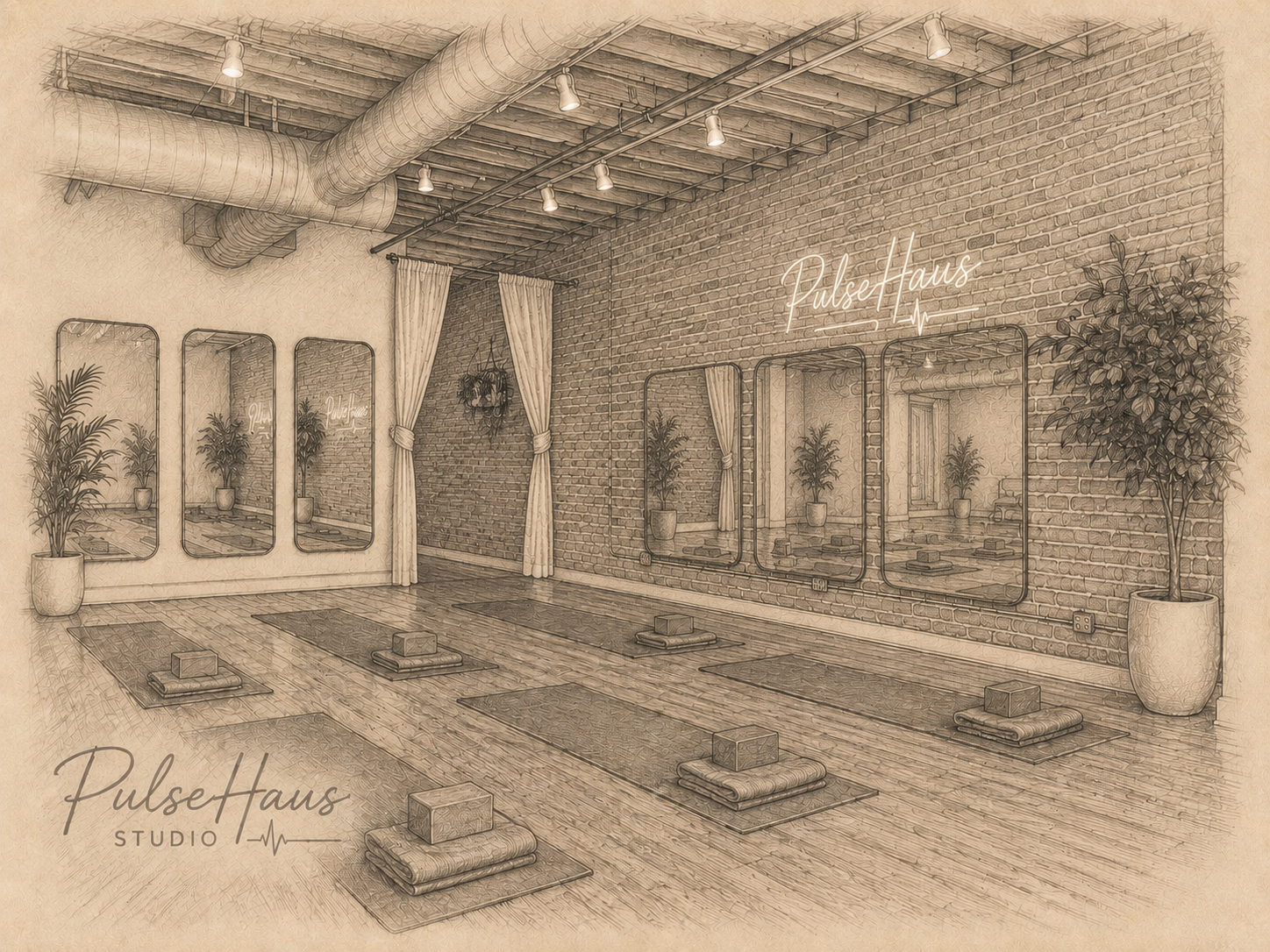 A serene Pilates studio with wooden floors, brick walls, and large mirrors. Yoga mats with blocks are arranged on the floor, and there are potted plants and curtains dividing the space. A neon sign reads 'Pulse Haus' on the wall.