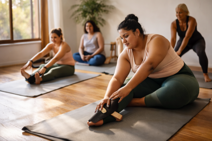 Hispanic/Latina women participating in a yoga class, stretching on mats in a bright room.