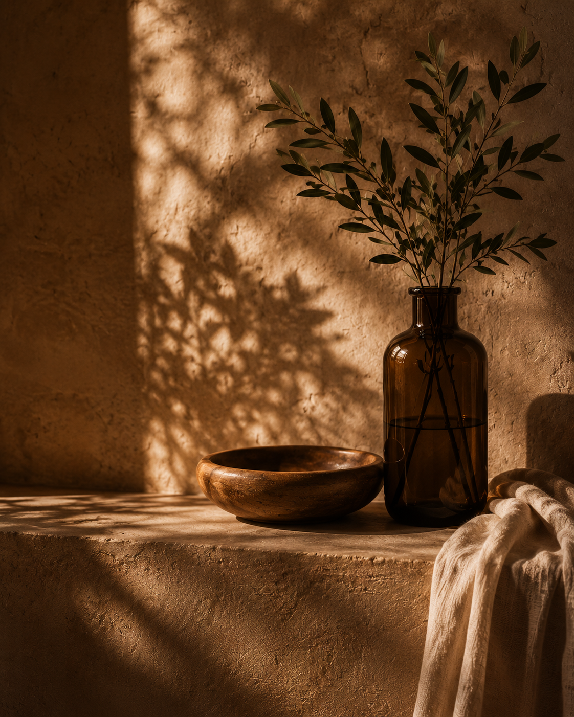A glass brown vase with green leafy branches, a wooden bowl, and a piece of cloth on a textured surface in a Pilates studio with warm sunlight and shadows on a beige wall.