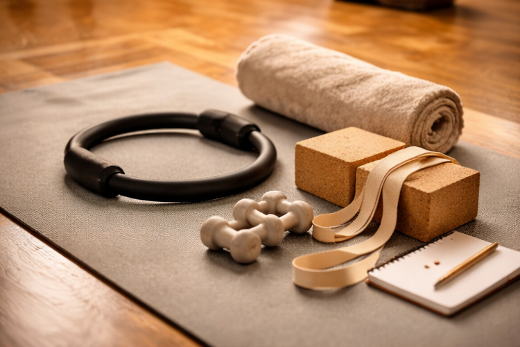 A Pilates mat with a rolled towel, black resistance band, small white dumbbell, Pilates ring, two foam blocks with a resistance band, and an organizer with a pen.