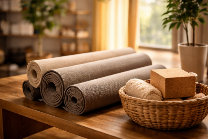 Four rolled-up Pilates or yoga mats on a wooden table, with a basket of towels and a sponge nearby, in a sunlit studio with potted plants and windows.