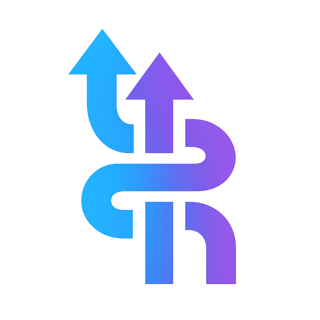 Digital illustration of two large upward arrows, one blue and one purple, overlapping with a futuristic, glowing design.