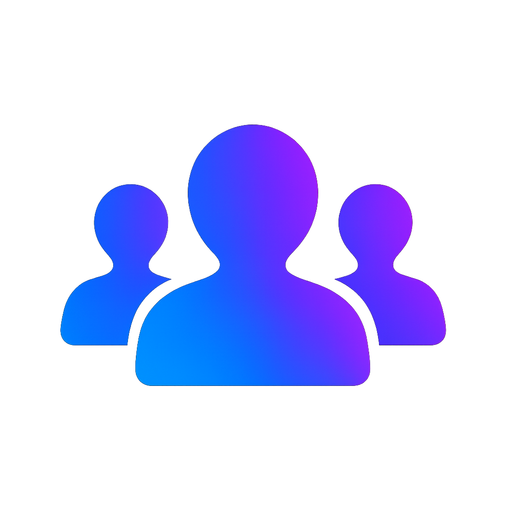 Icon of three stylized human figures in a social network or group setting, with a gradient of blue and purple colors.