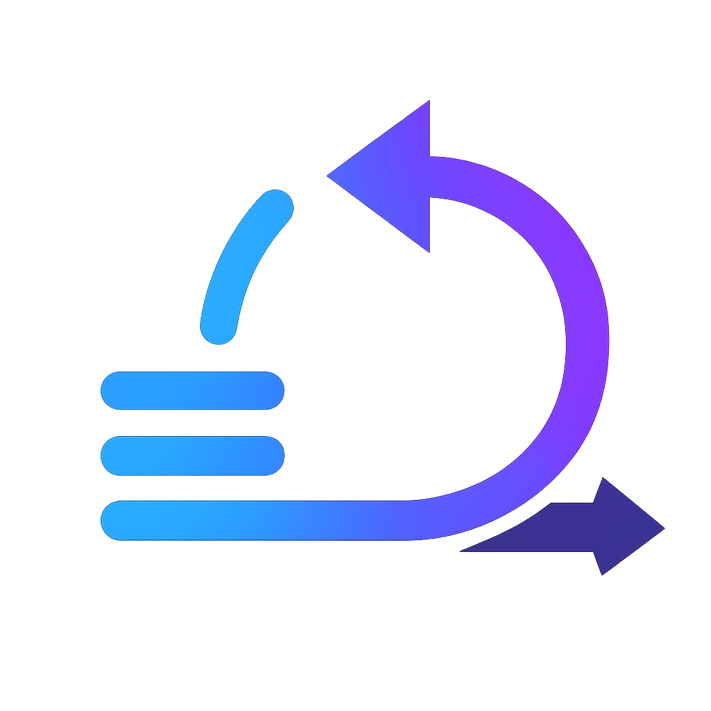 A digital graphic of a blue and purple upward and circular arrow, with three horizontal blue bars underneath, representing progress or growth.