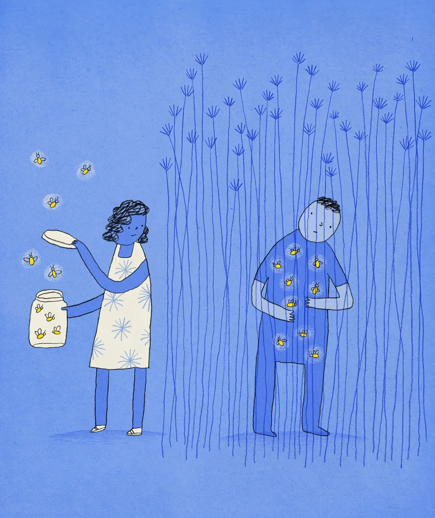 A woman picks bees into a jar, while a man stands nearby among tall plants with bees on his shirt, all depicted in a minimalist blue line drawing style. Stefanie Gunning. Modern Love, The New York Times.
