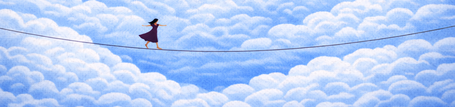 A woman walking on a tightrope high above fluffy clouds in the sky. Stefanie Gunning. Working Without a Net, Blog.