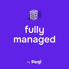 Fully Managed logo. Logo with a building icon and the text 'fully managed by Penji' on a purple background.
