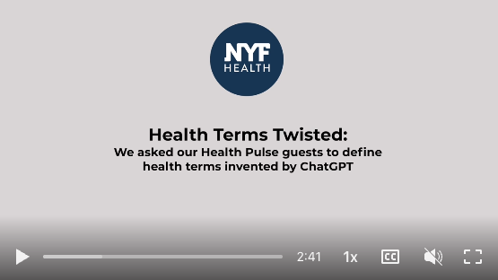 Title slide for a presentation titled 'Health Terms Twisted,' with NYU Health logo and subtitle about defining health terms invented by ChatGPT.
