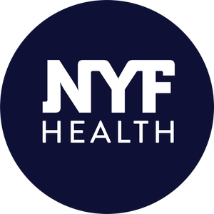 NYF Health logo with white text on a dark blue circular background