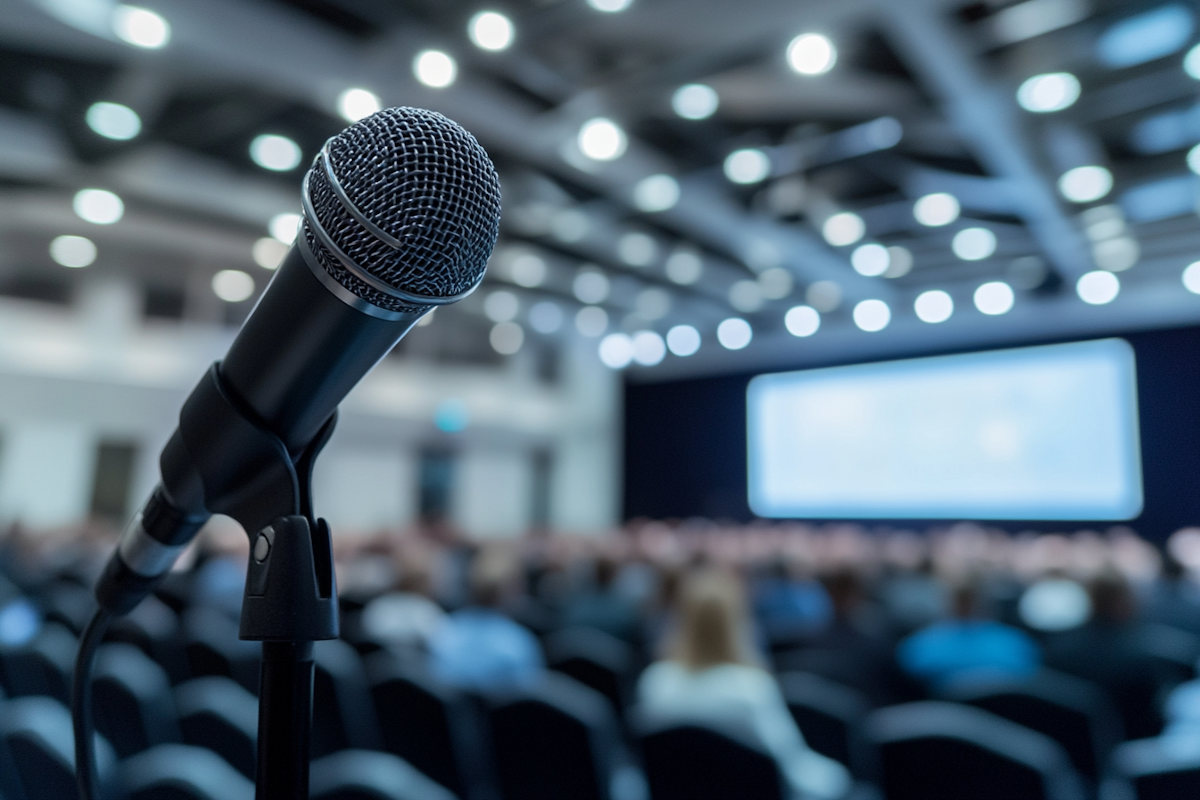 Close-up of a microphone on a stand in front of an audience at a conference or event, with a blurred background of people and a large presentation screen.