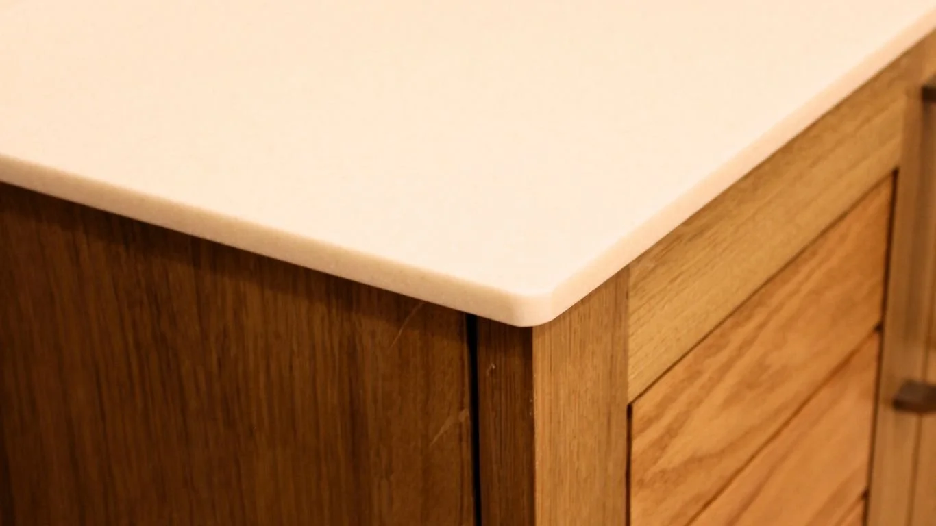 Détail d’un meuble sur mesure alliant bois naturel et corian