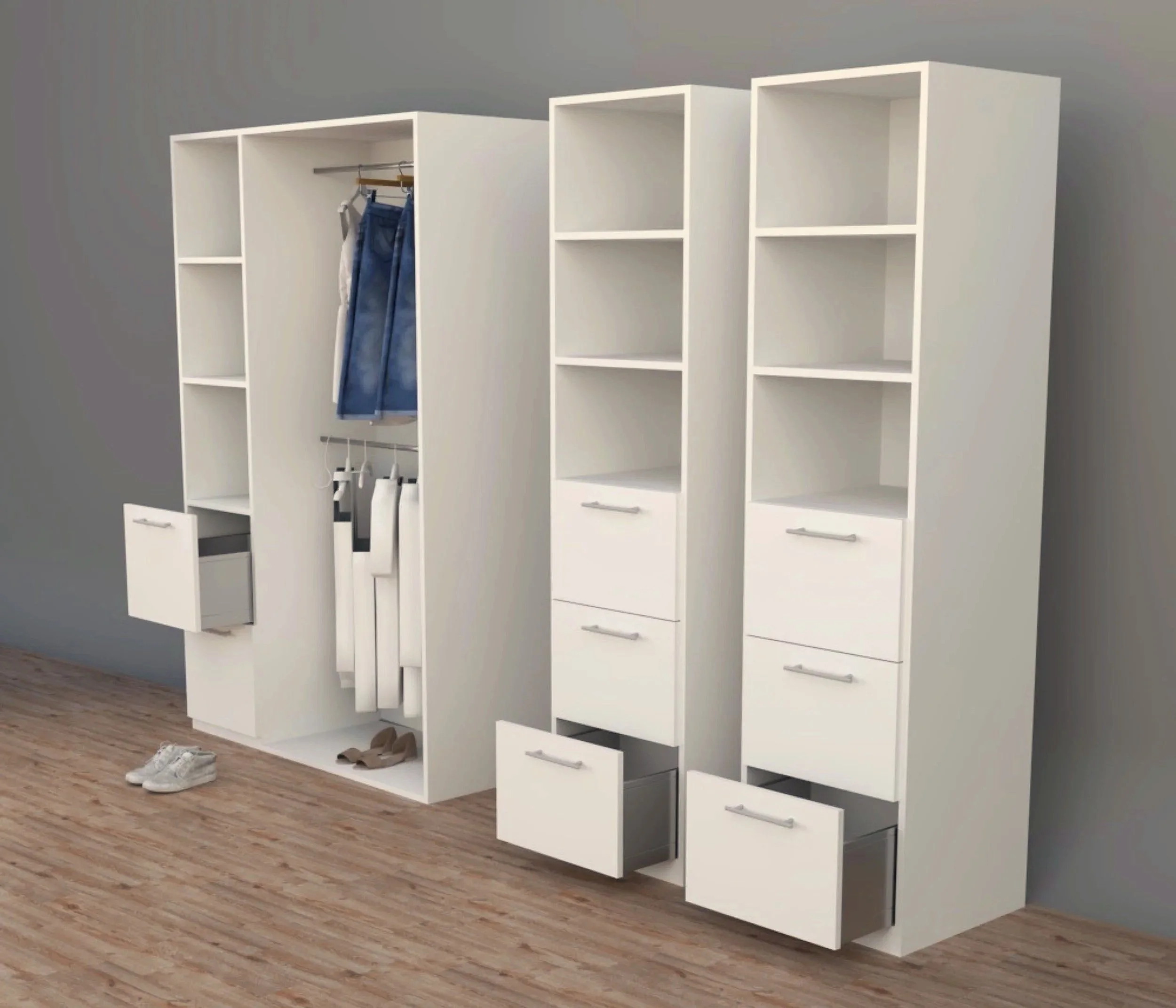 Dressing en bois blanc moderne avec plusieurs compartiments et tiroirs, chaussures au sol, murs gris et sol en bois.