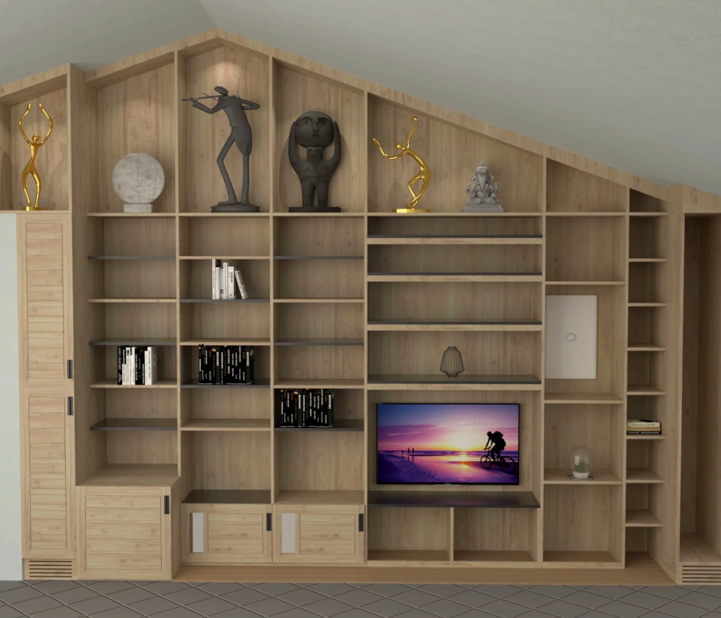 Grande bibliothèque en bois sur mesure, mêlant design contemporain et chaleur naturelle.