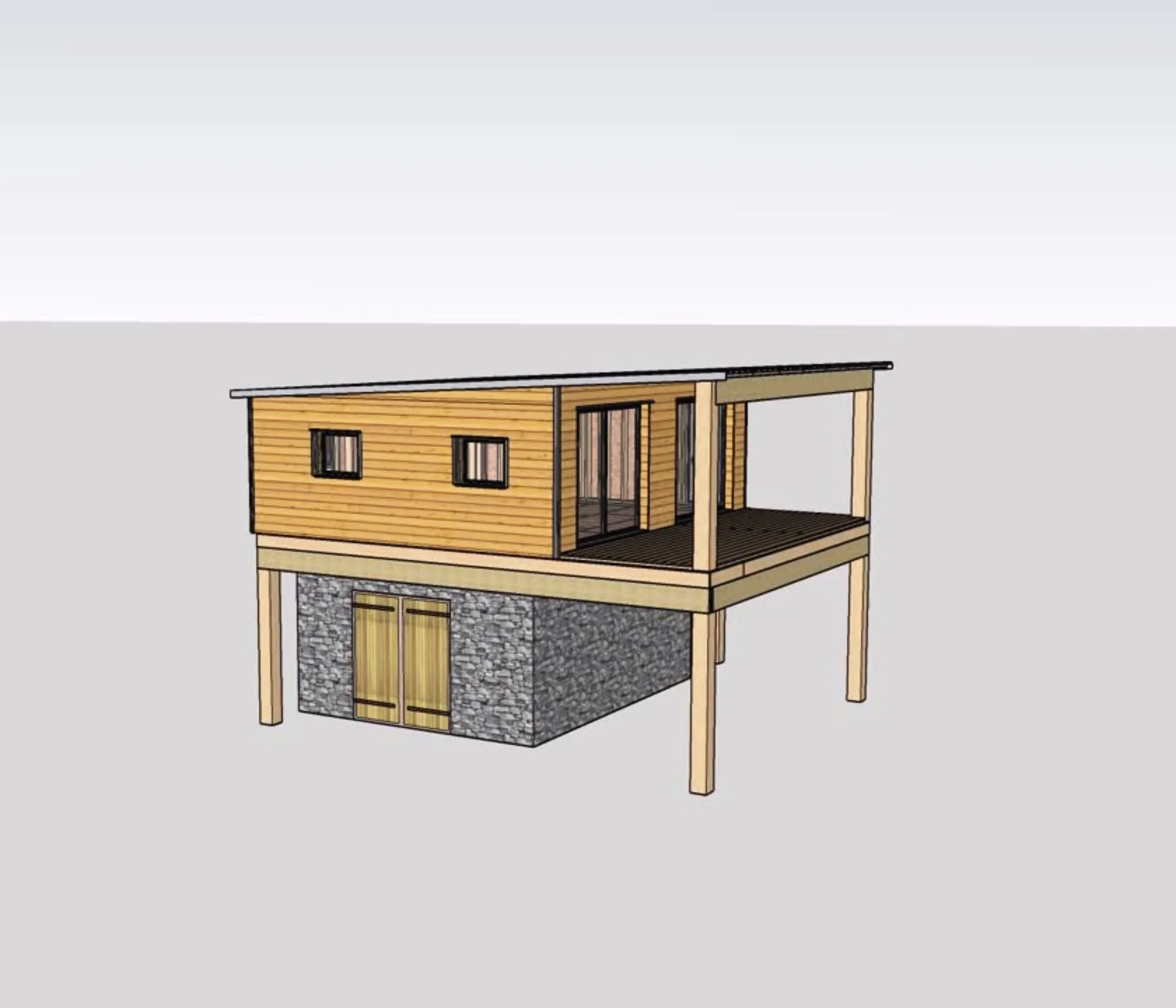 Modèle 3D d'une maison sur pilotis ossature bois avec un rez-de-chaussée en pierre et un étage en bois avec une terrasse et fenêtres.