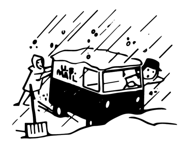 Black and white illustration of a mail truck stuck in deep snow during the 1977 Buffalo blizzard.