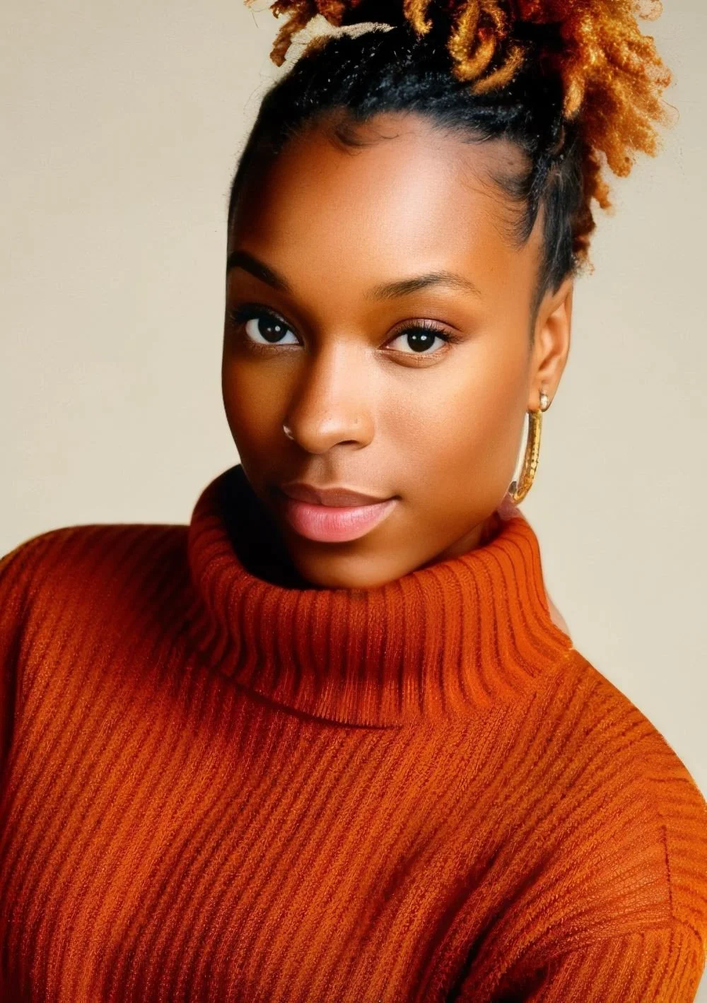 Founder of Ellama Tax Solutions in a burnt orange turtleneck with a curly high bun and gold hoop earrings, smiling confidently.