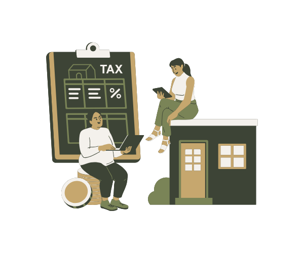 Two people with digital devices near a house and clipboard labeled 'TAX', symbolizing property tax analysis.
