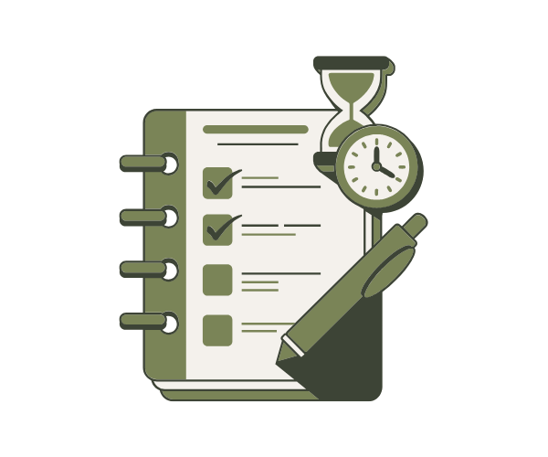 Illustration of a clipboard with a checklist, pen, clock, and hourglass—two tasks checked off.