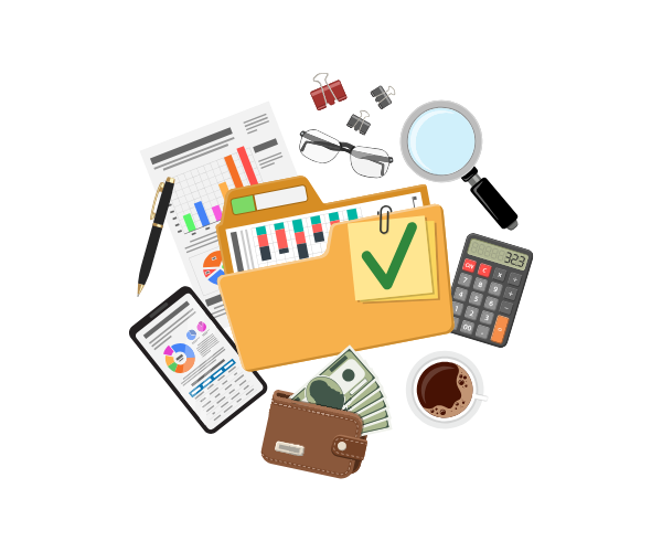 Flat lay of office items including charts, calculator, coffee, wallet, and smartphone with financial graphs.