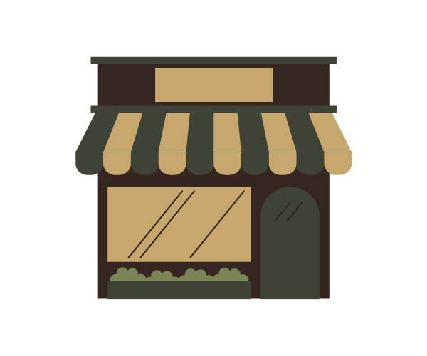Illustration of a small shop with green-striped awning, blank sign, and planter under the window.