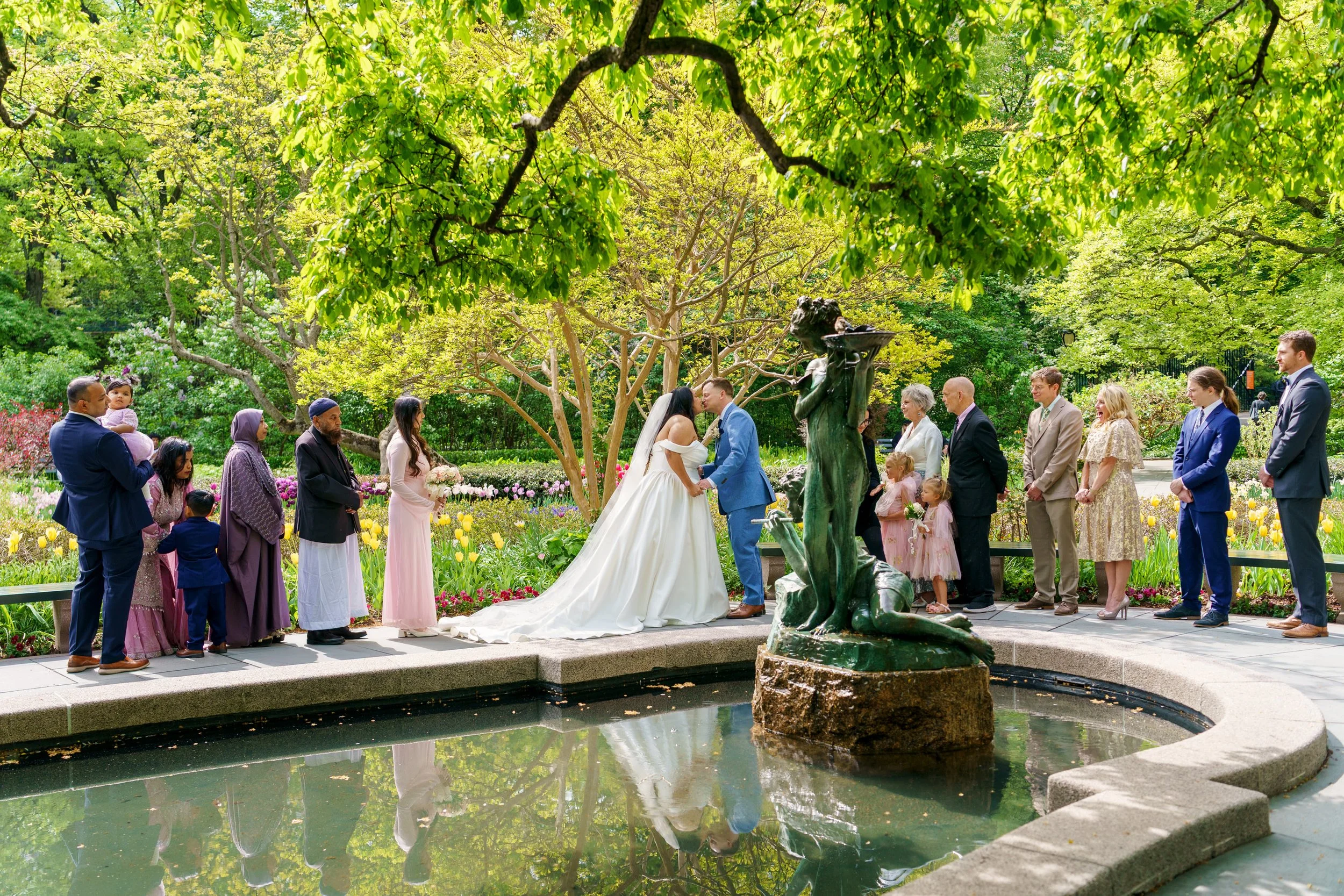 A micro-wedding ceremony at the Burnett Fountain at the Conservatory Garden in Central Park