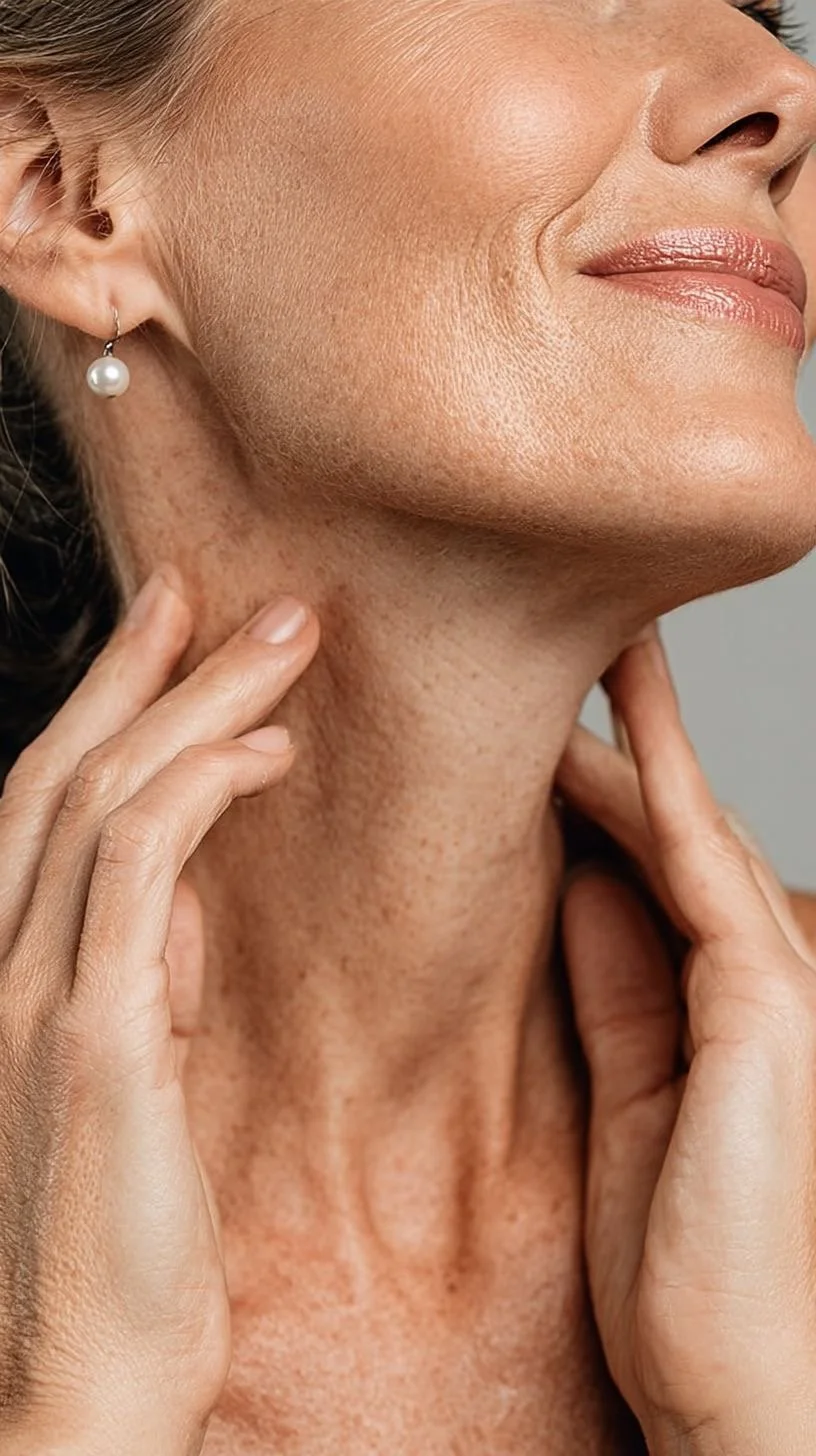 Close-up of a woman's face and neck, showing smooth skin with some freckles and wrinkles, wearing pearl earrings, with her hands gently touching her neck.