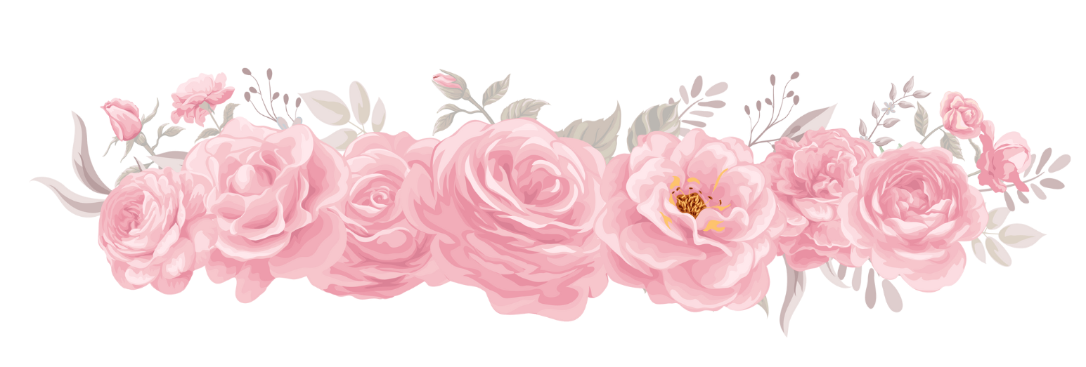 Pink and white roses with green leaves arranged in a horizontal floral pattern.