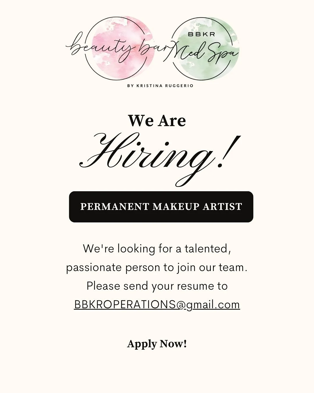 We are officially hiring another talented artist! ✨
We need a permanent makeup artist committed to working with our amazing team 💞
Join Beauty Bar by Kristina Ruggerio! 
Here are some qualifications we’re looking for: 
•Must be certif