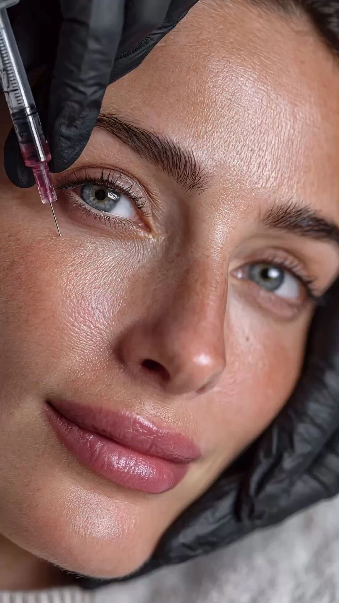 A woman receiving an eyebrow injection cosmetic procedure.