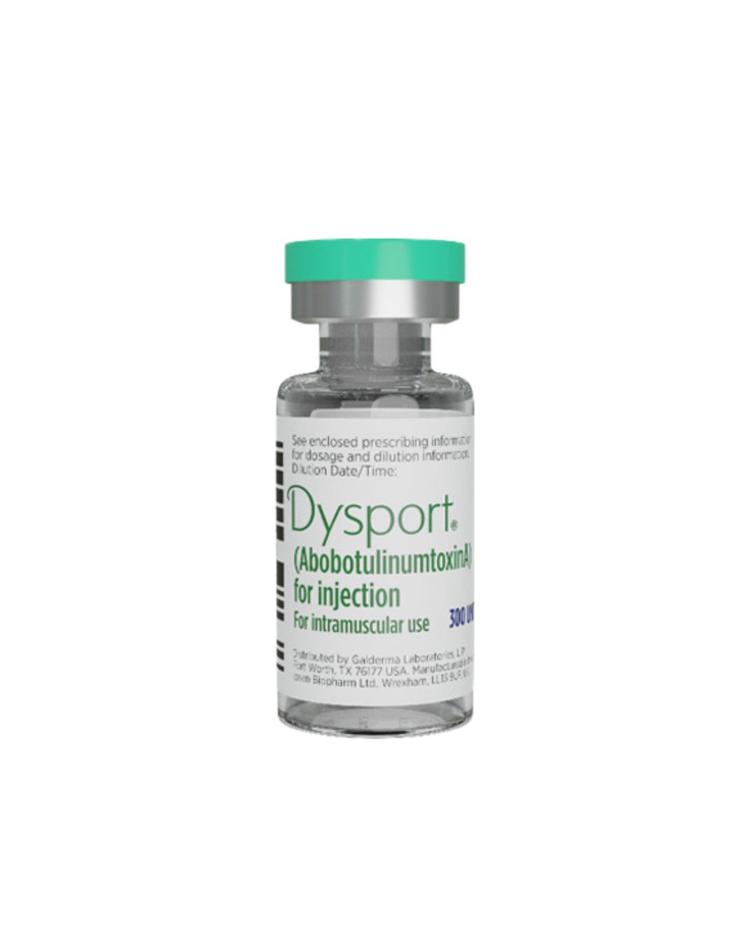 A vial of Dysport (AbobotulinumtoxinA) for injection, used for intramuscular purposes.