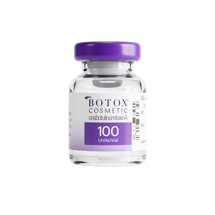 A vial of Botox Cosmetic with purple and white labeling, indicating it contains 100 units of onabotulinum toxin A.