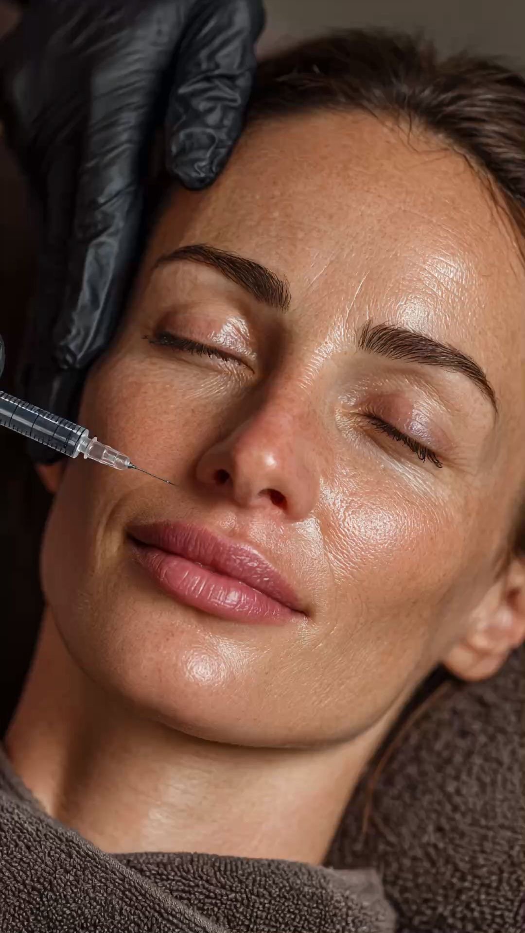 A woman is lying down with her eyes closed while receiving a cosmetic treatment with a syringe, likely for facial injection or Botox.