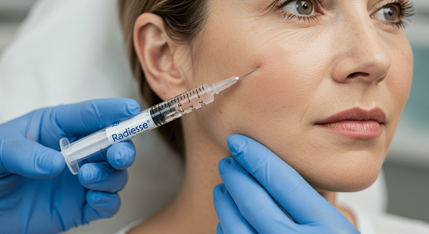 A woman receiving a cosmetic injection in her face from a healthcare professional with blue gloves.