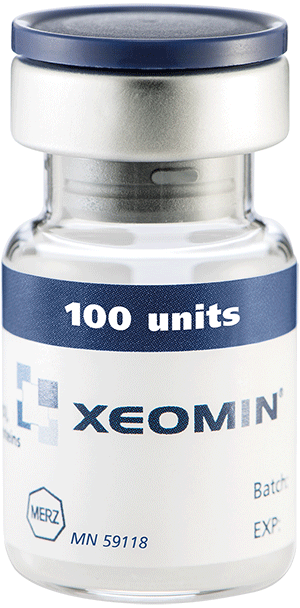 A medical vial labeled '100 units' from Xeomin antiseptic botulinum toxin medication.