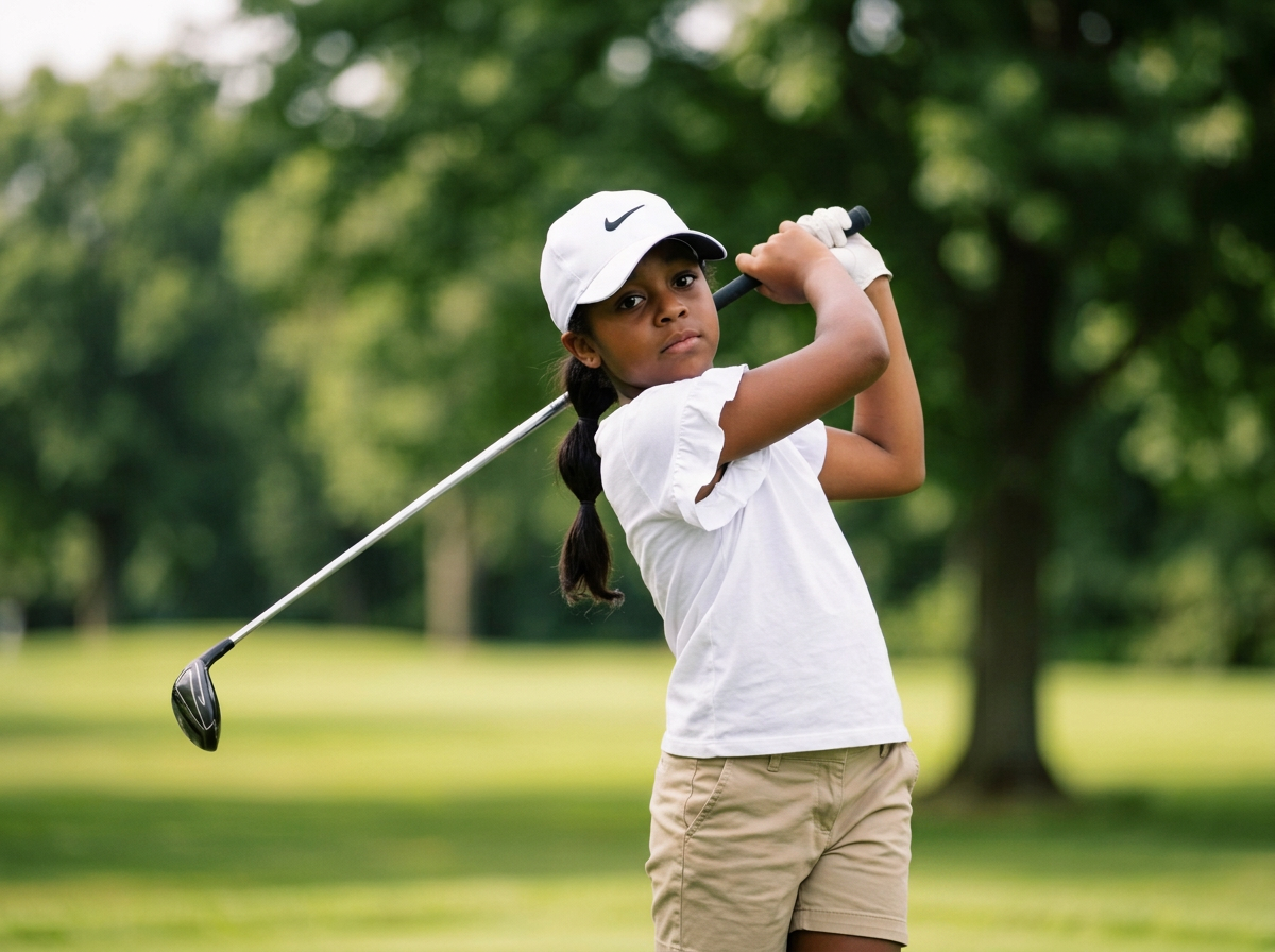 A young girl in a white tennis shirt, khaki shorts, and a white Nike cap takes a swing with a golf club on a golf course with trees in the background.