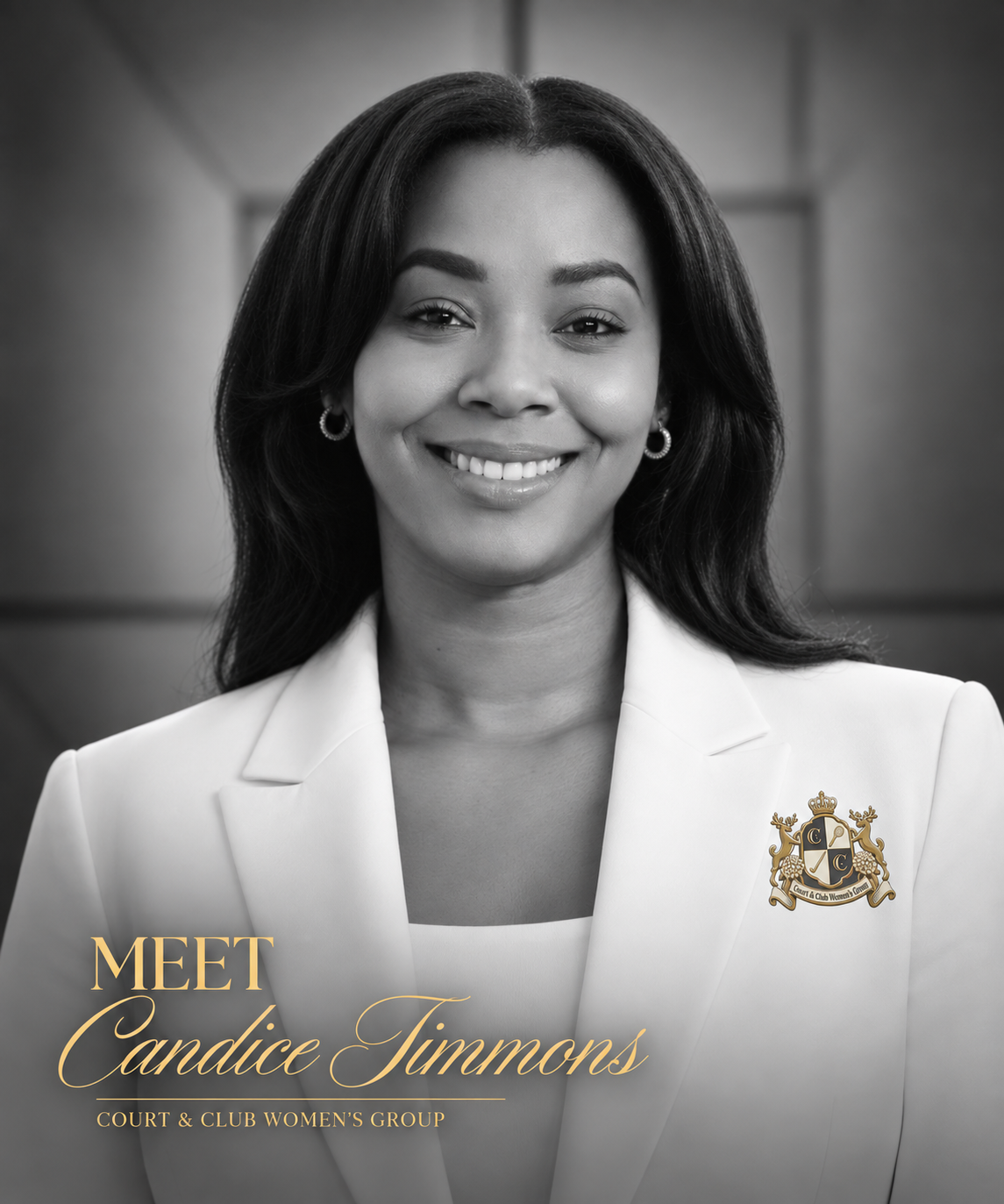 Black and white portrait of Candice Simmons smiling, wearing a white blazer with a logo on the chest, earrings, and lipstick, standing in front of a plain background. Text overlay says 'Meet Candice Simmons, Court & Club Women's Group.'