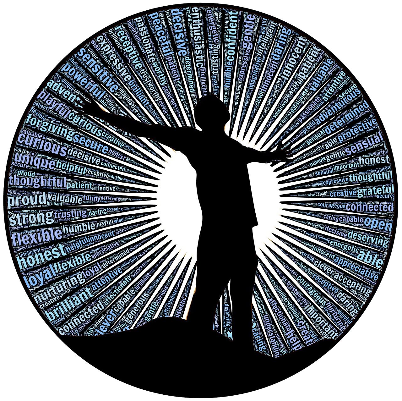 Silhouetted person with arms outstretched inside a circle filled with positive words in blue, radiating outward from the center.