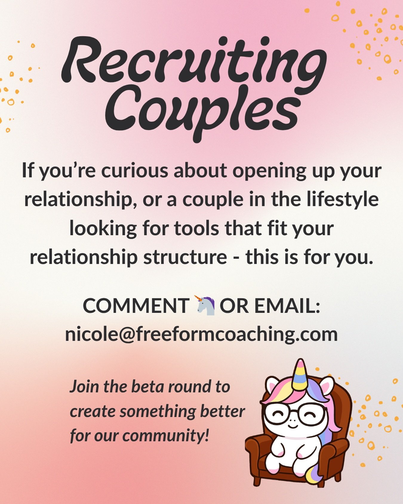 There aren&rsquo;t many resources out there for couples who don&rsquo;t identify as &ldquo;ENM&rdquo; or Poly - so I&rsquo;m on a mission to fill that gap! 

I&rsquo;m recruiting 20 lucky couples to join me for the beta round of my new asynchronous c