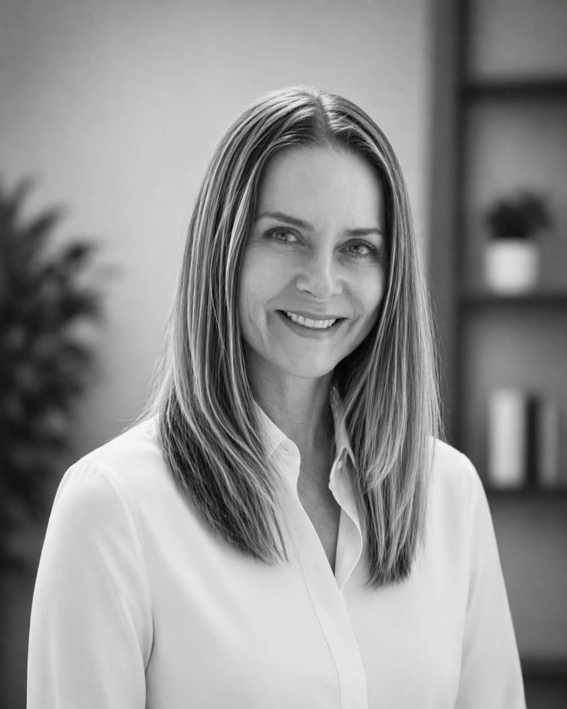 Team headshot of a woman with straight blonde hair smiling, black and white photo.
