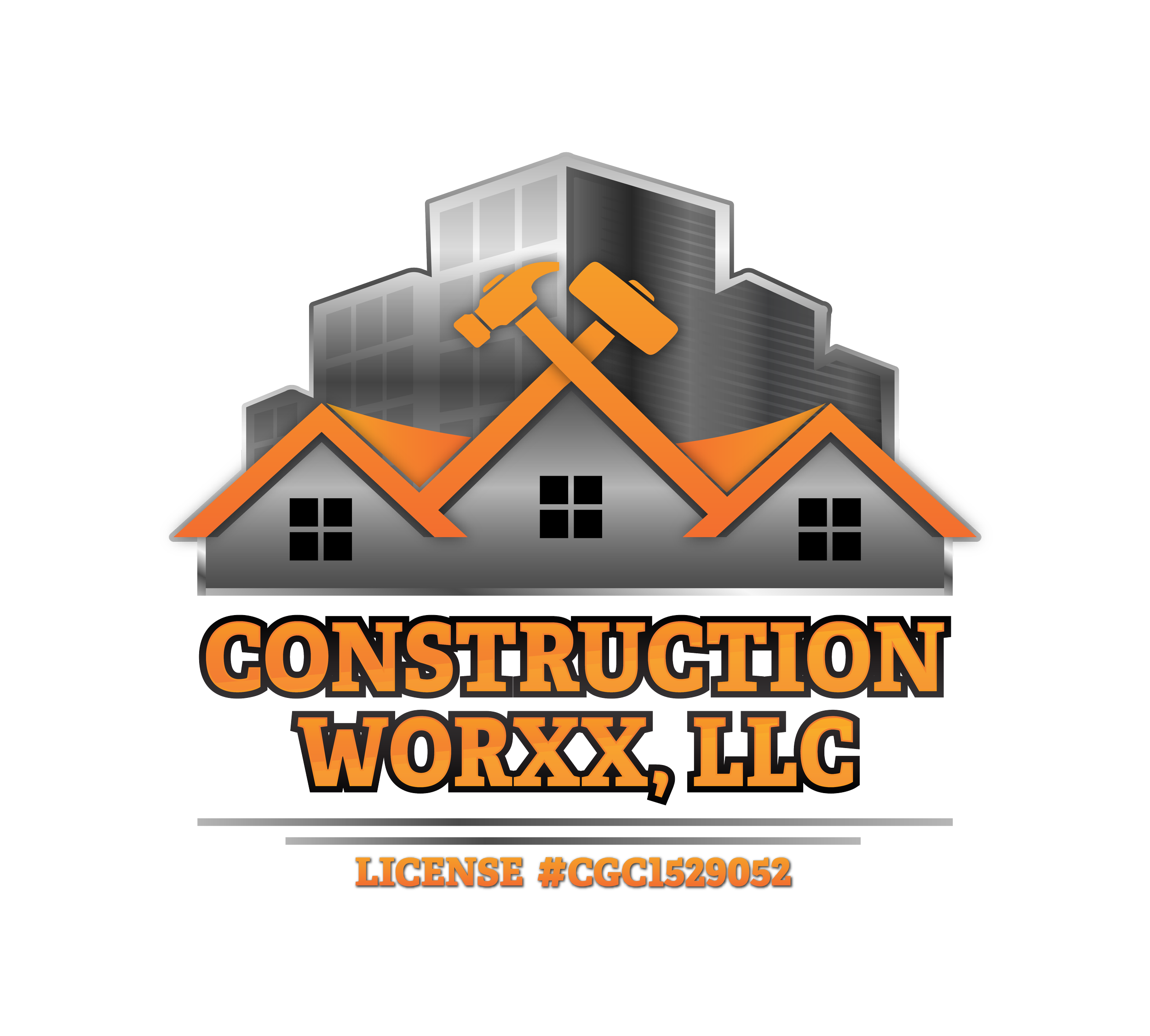 Logo for Construction Worxx, LLC featuring three houses with orange roofs, two crossed hammers, and gray skyscrapers in the background, with license number CCG1529052.