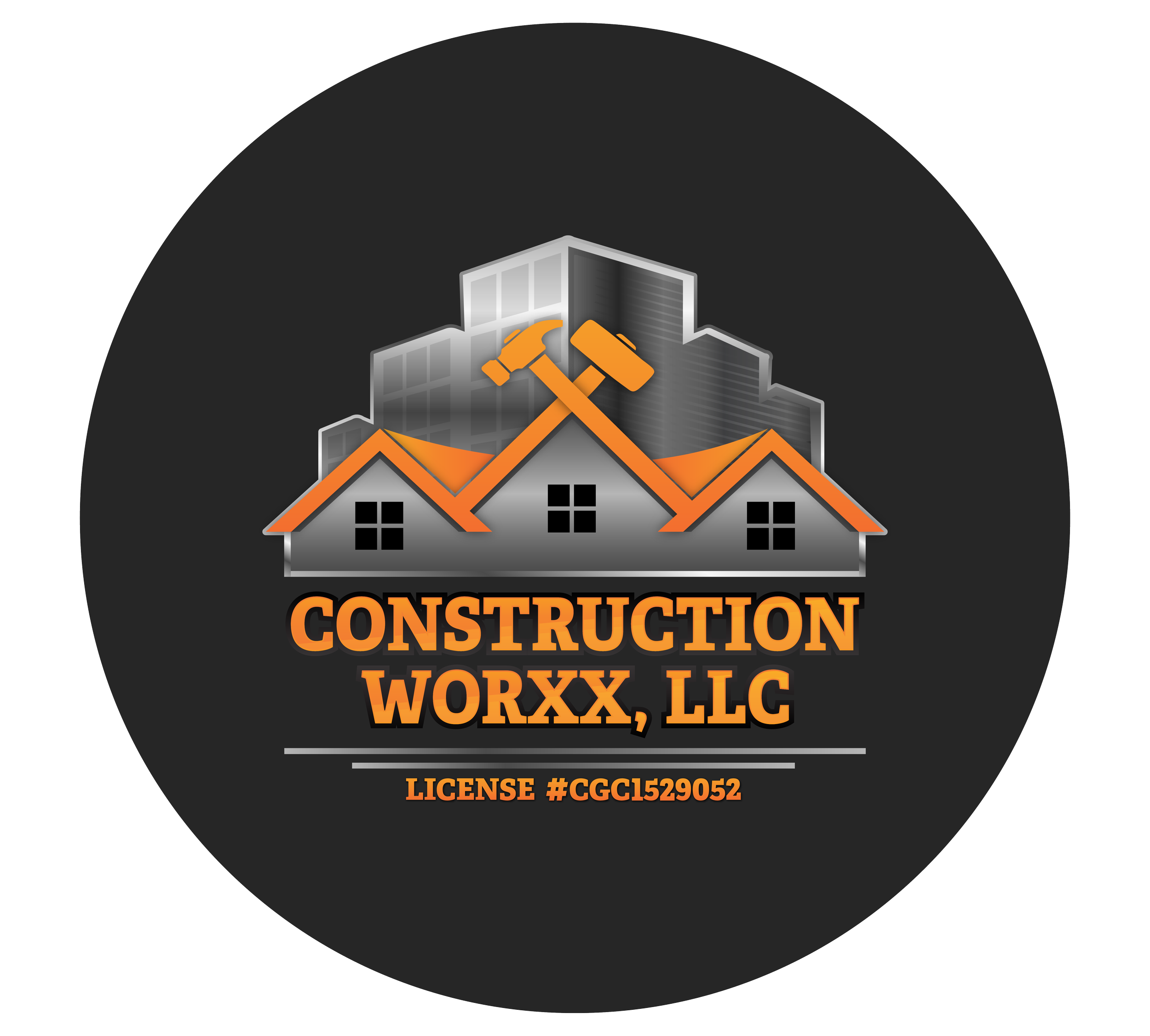 Logo for Construction Worxx, LLC featuring a house with orange rooftops, a hammer and a mallet crossed above the house, and a city skyline in the background, with license number #GGC1529052.