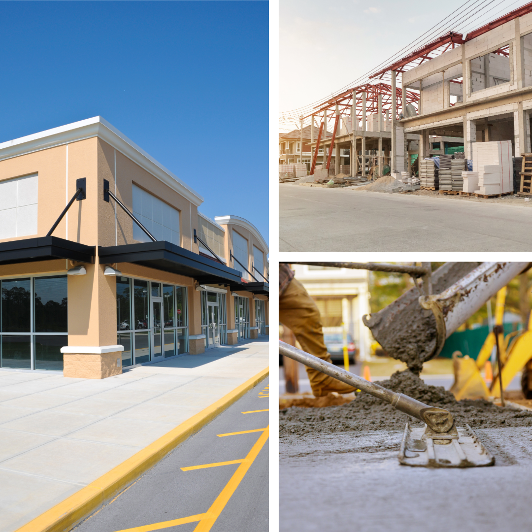 A collage of three images showing different stages of construction. The first image displays a finished commercial building with a beige exterior, large glass windows, and a clear blue sky. The second image shows an under-construction building with wooden and steel frameworks, construction materials, and scaffolding. The third image captures a close-up of concrete being poured and spread by construction workers for a building foundation.