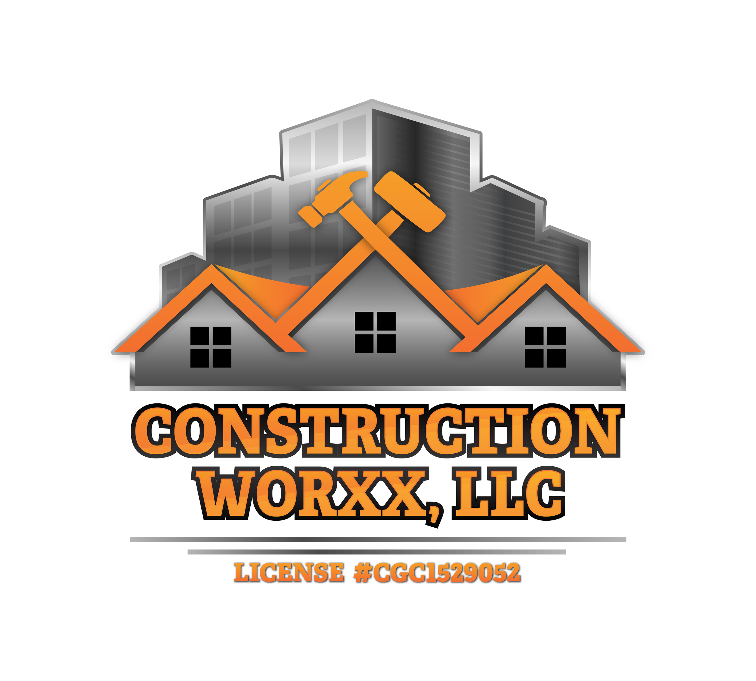 Logo for Construction Worxx, LLC featuring three houses with orange roofs, crossed hammers above, gray skyscrapers in background, and the company name in bold orange and black text. License number CGC1529052.