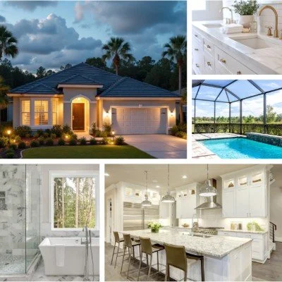 Collage of home features including a front view of a house at dusk, a white kitchen sink and countertop, a screened-in pool area, a modern bathroom with a bathtub, and a spacious kitchen with a large island and dining area.